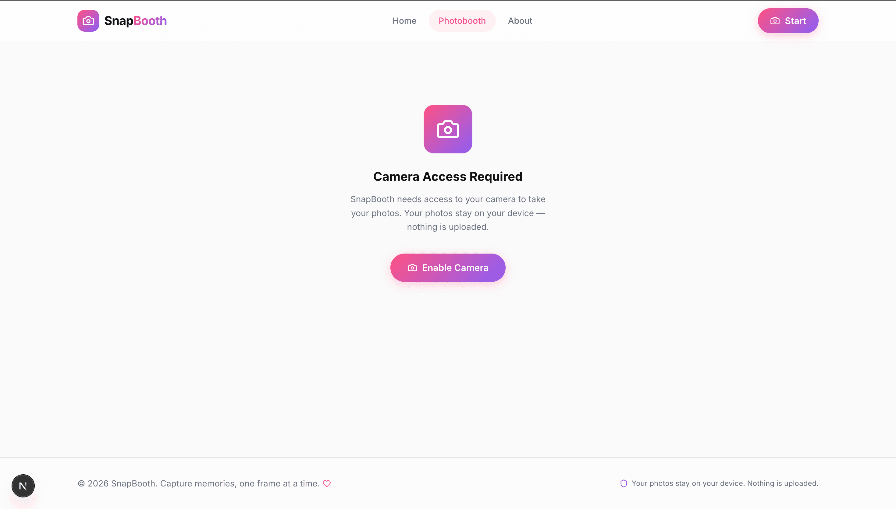 SnapBooth camera access request screen with enable camera button