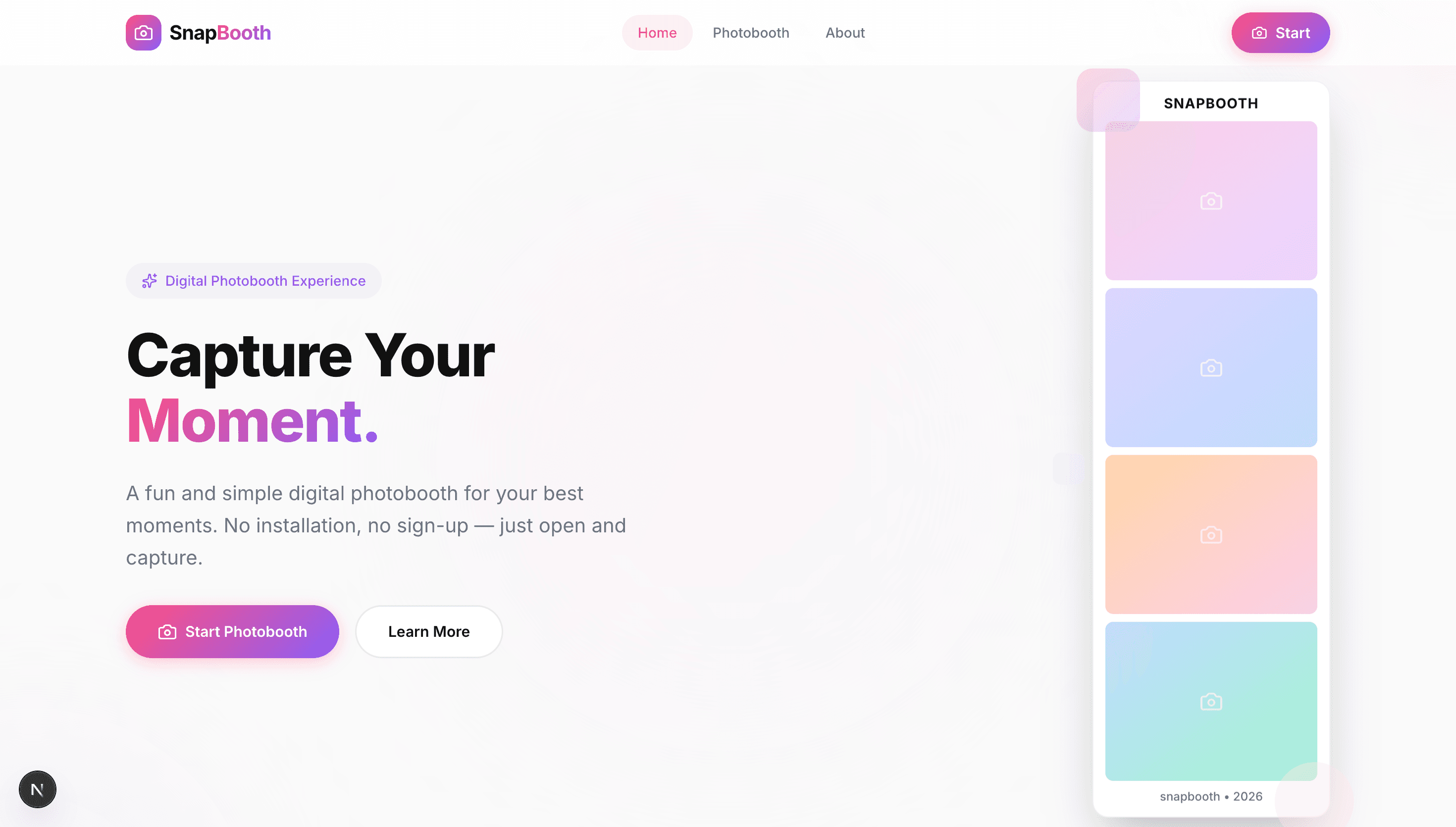 SnapBooth landing page featuring headline Capture Your Moment and vertical photo strip preview